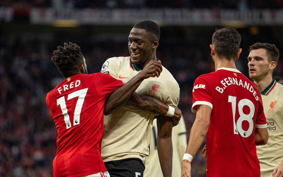 Liverpool's Ibrahima Konaté (R) and Manchester United's Frederico Rodrigues de Paula Santos 'Fred' clash during the FA Premier League match between Manchester United FC and Liverpool FC at Old Trafford