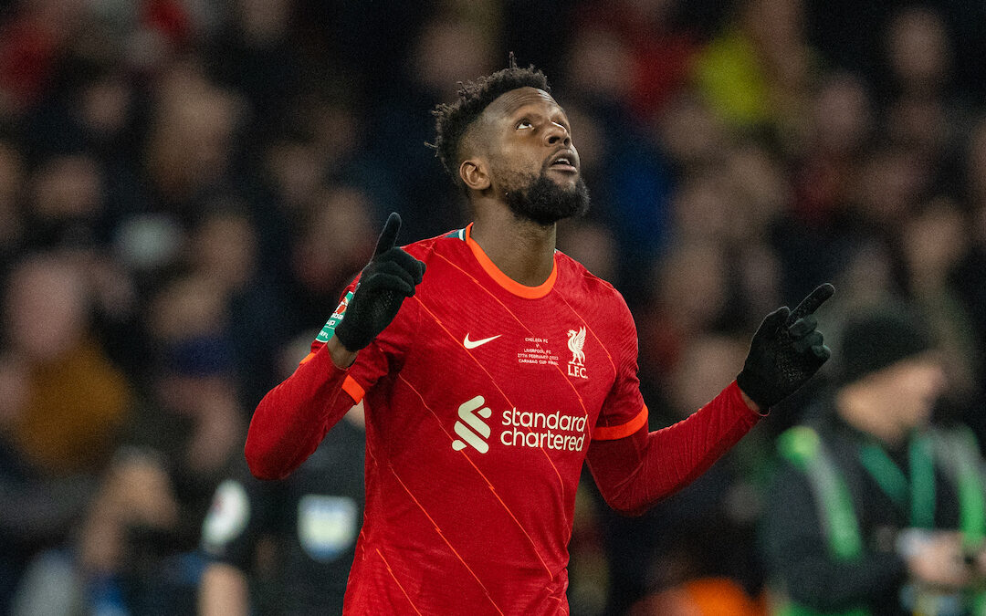 Liverpool's Divock Origi celebrates after scoring his side's seventh penalty during the shoot-out after the Football League Cup Final match between Chelsea FC and Liverpool FC at Wembley Stadium. Liverpool won 11-10 on penalties after a goal-less draw.