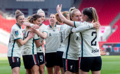Liverpool's Missy Bo Kearns (L) celebrates with team-mate Charlotte Wardlow after scoring the fourth goal the FA Women’s Championship Round 20 match between Bristol City FC Women and Liverpool FC Women at Ashton Gate