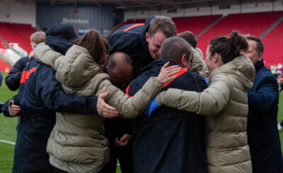 Liverpool’s manager Matt Beard and his staff celebrate at the final whistle after being crowned Champions after the FA Women’s Championship Round 20 match between Bristol City FC Women and Liverpool FC Women at Ashton Gate