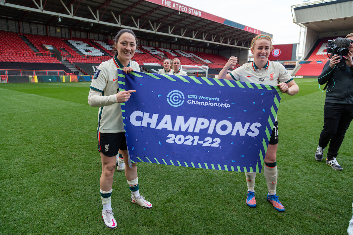 Liverpool’s Megan Campbell (L) and Rachel Furness (R) celebrate after being crowned Champions after the FA Women’s Championship Round 20 match between Bristol City FC Women and Liverpool FC Women at Ashton Gate