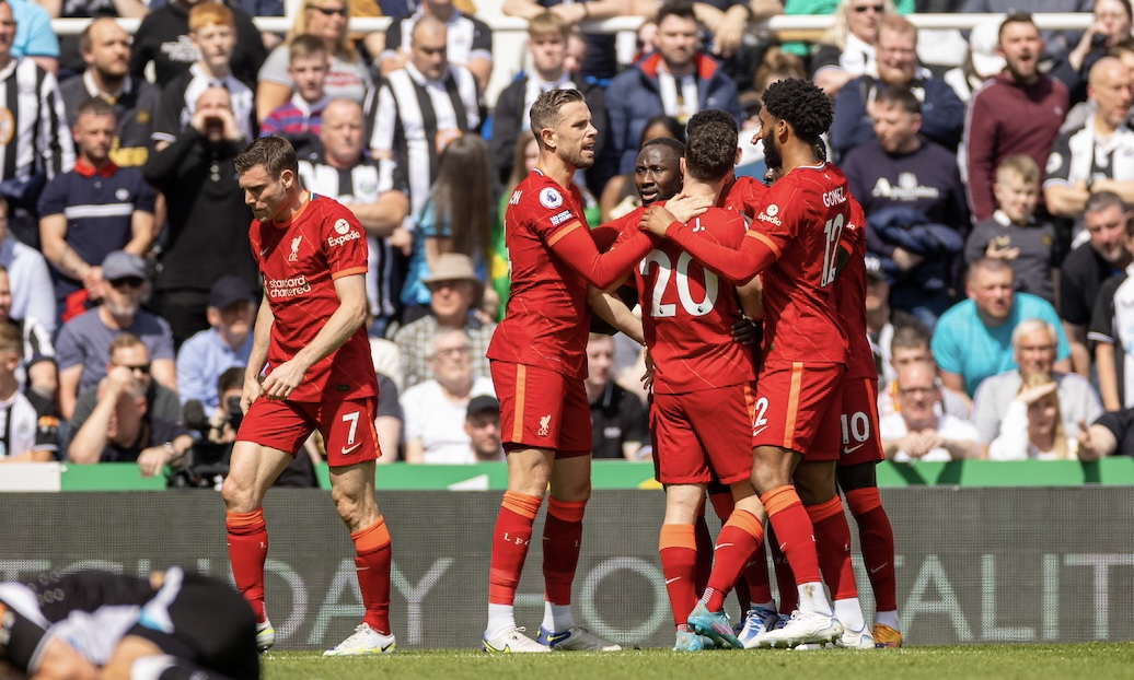 Liverpool's Naby Keita celebrates after scoring the first goal during the FA Premier League match between Newcastle United FC and Liverpool FC at St James' Park.