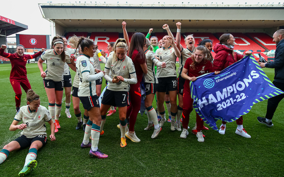 Liverpool players celebrate after being crowned Champions after the FA Women’s Championship Round 20 match between Bristol City FC Women and Liverpool FC Women at Ashton Gate