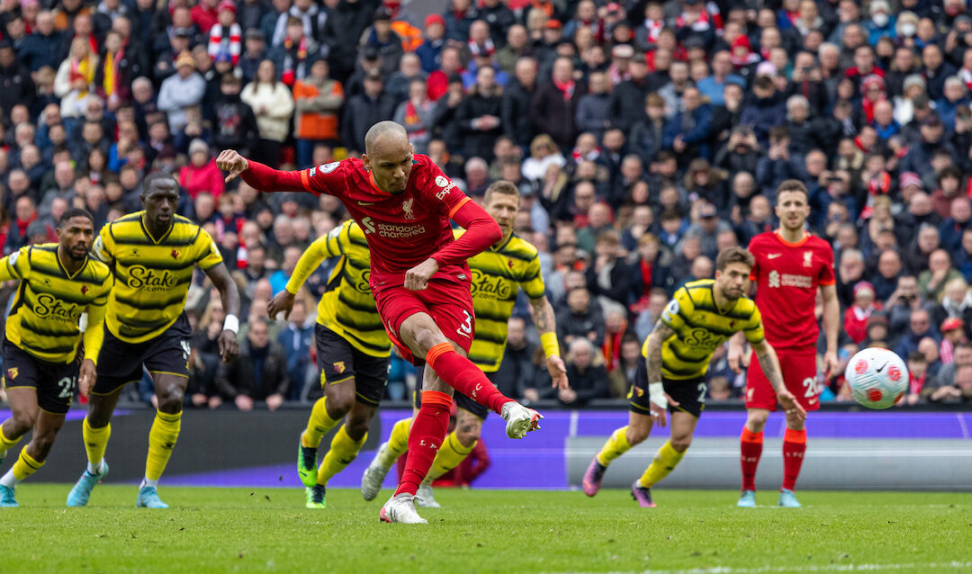 Liverpool's Fabio Henrique Tavares 'Fabinho' scores the second goal from a penalty kick during the FA Premier League match between Liverpool FC and Watford FC at Anfield