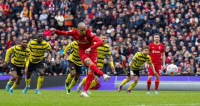 Liverpool's Fabio Henrique Tavares 'Fabinho' scores the second goal from a penalty kick during the FA Premier League match between Liverpool FC and Watford FC at Anfield
