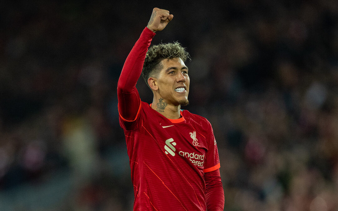 Liverpool's Roberto Firmino celebrates after scoring the second goal during the UEFA Champions League Quarter-Final 2nd Leg game between Liverpool FC and SL Benfica at Anfield