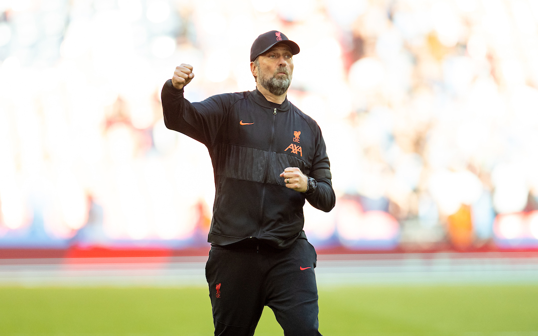 Liverpool's manager Jürgen Klopp celebrates in front of the supporters after the FA Cup Semi-Final game between Manchester City FC and Liverpool FC at Wembley Stadium