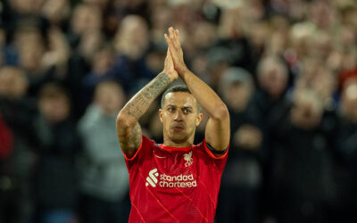 Liverpool's Thiago Alcantara applauds the supporters as he is substituted during the FA Premier League match between Liverpool FC and Manchester United FC at Anfield