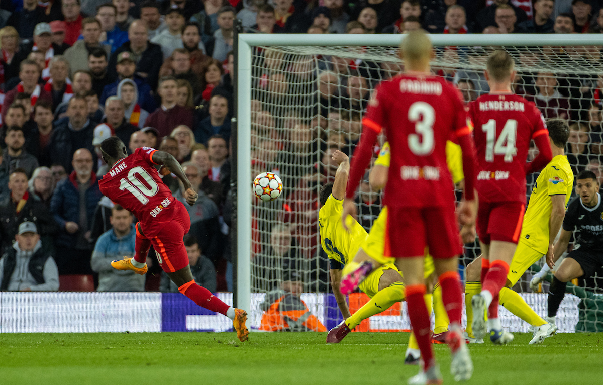 Liverpool's Sadio Mané shoots during the UEFA Champions League Quarter-Final 2nd Leg game between Liverpool FC and SL Benfica at Anfield