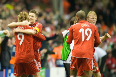 Liverpool's captain Steven Gerrard MBE and Fernando Torres celebrate after Gerrard's penalty made it 3-2 during the UEFA Champions League Quarter-Final 2nd Leg match against Arsenal at Anfield.