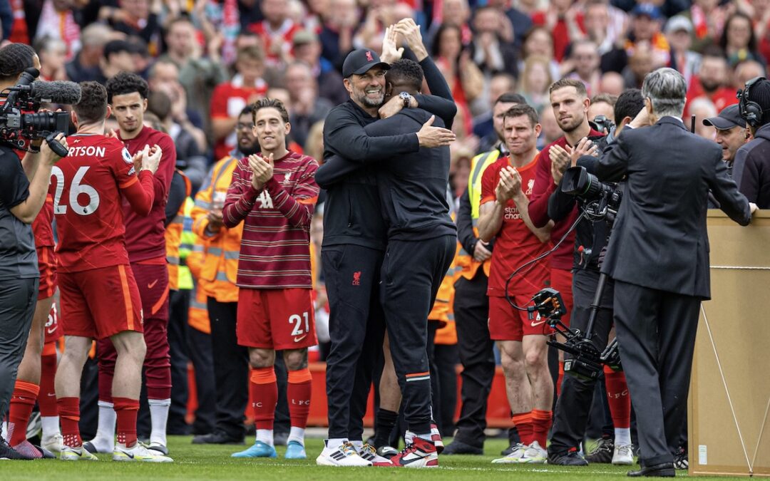 Liverpool's manager Jürgen Klopp embraces Divock Origi after the FA Premier League match between Liverpool FC and Wolverhampton Wanderers FC at Anfield