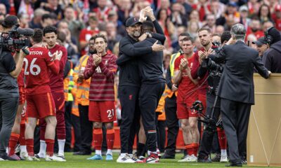 Liverpool's manager Jürgen Klopp embraces Divock Origi after the FA Premier League match between Liverpool FC and Wolverhampton Wanderers FC at Anfield