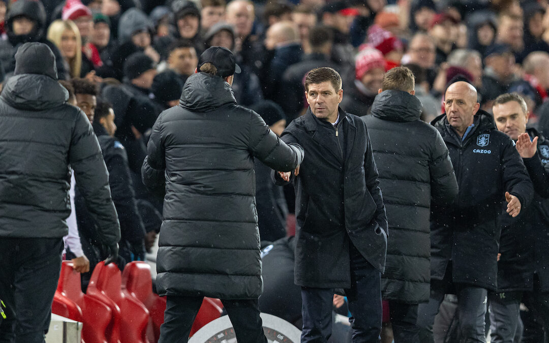 Aston Villa's manager Steven Gerrard (R) shakes hands with Liverpool's manager Jürgen Klopp after the FA Premier League match between Liverpool FC and Aston Villa FC at Anfield