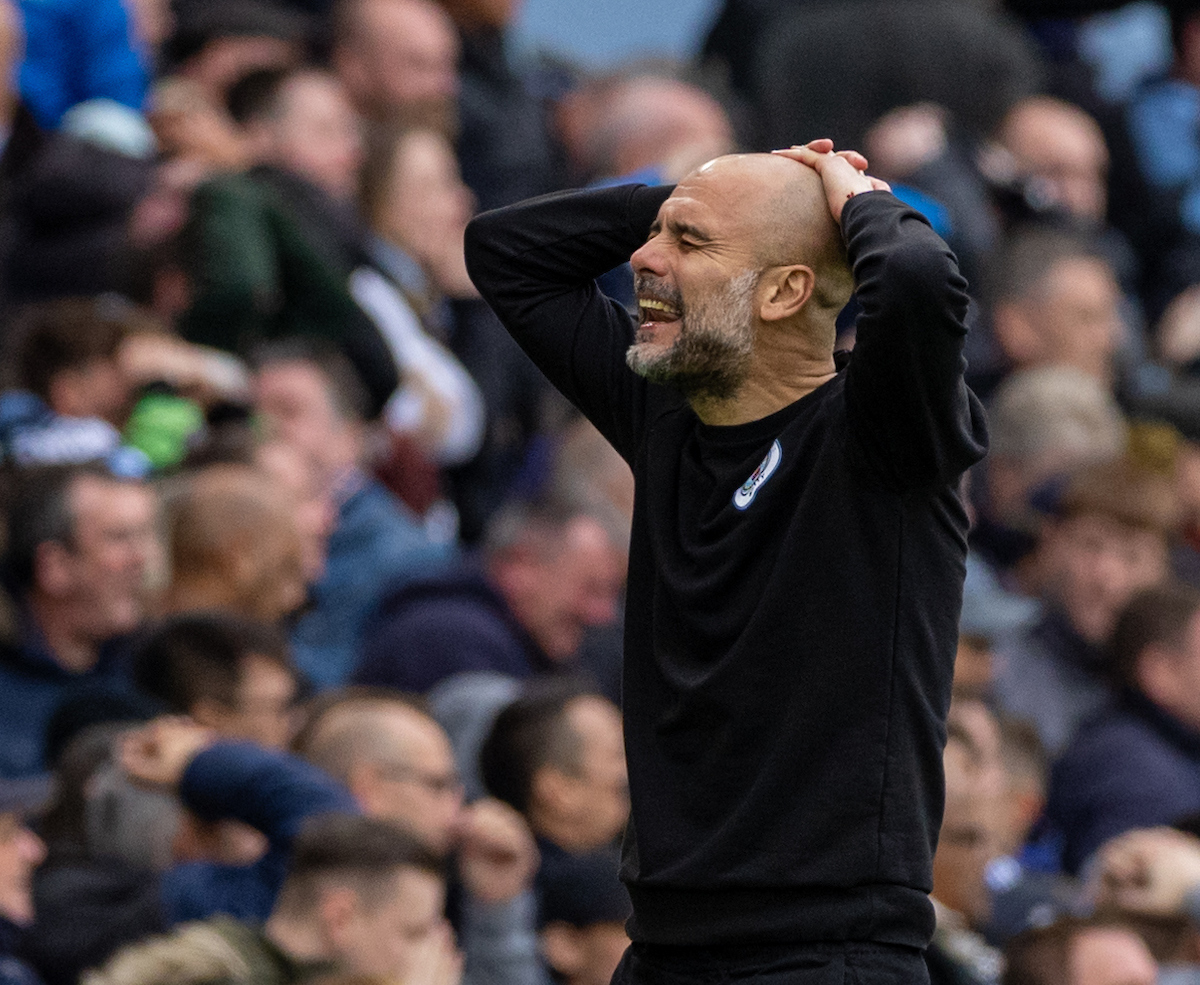 10, 2022: Manchester City's manager Josep 'Pep' Guardiola reacts during the FA Premier League match between Manchester City FC and Liverpool FC at the City of Manchester Stadium. The game ended in a 2-2 draw.