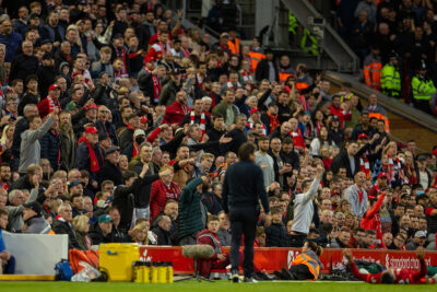 Liverpool supporters react during the FA Premier League match between Liverpool FC and Tottenham Hotspur FC at Anfield. The game ended in a 1-1 draw.