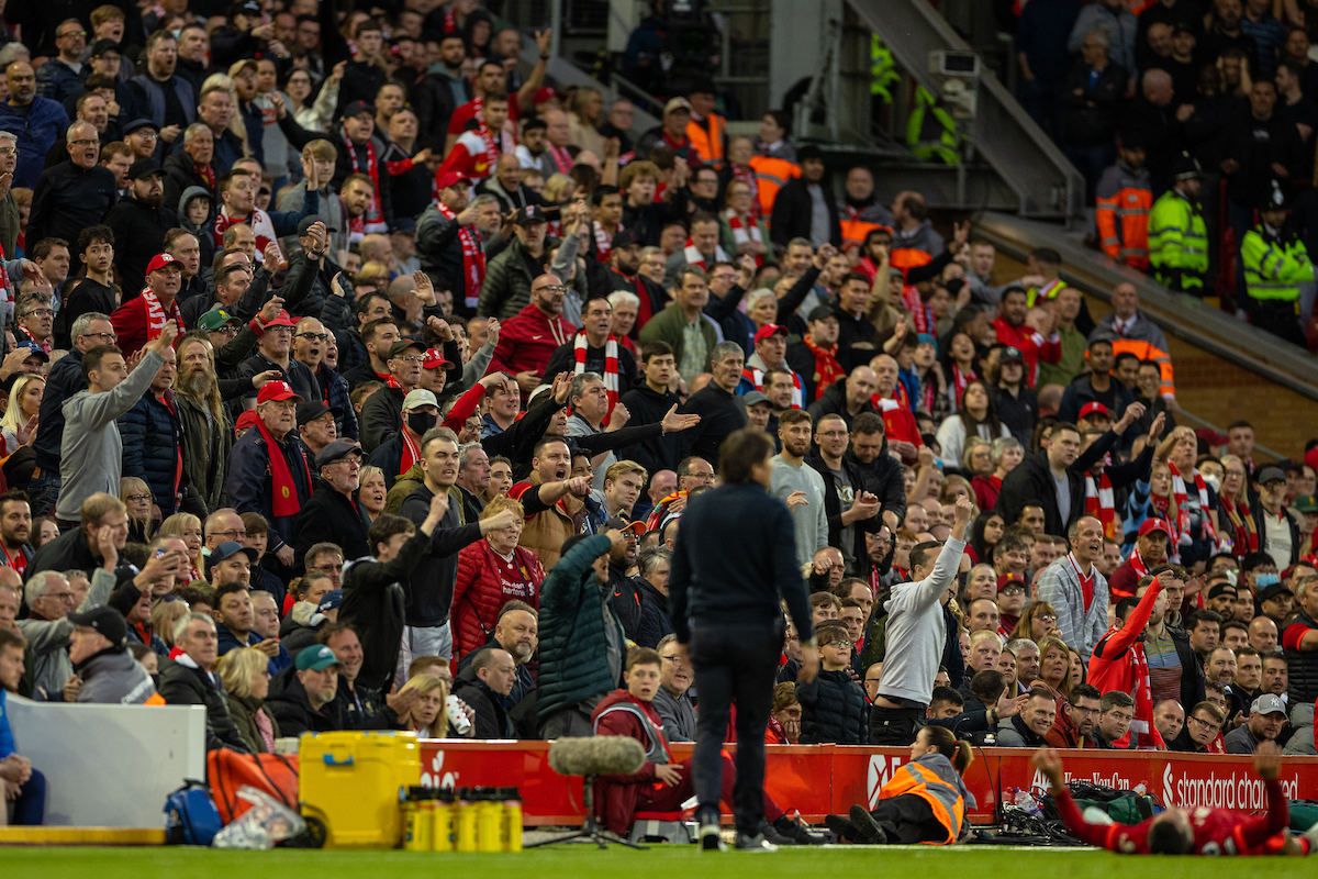 Liverpool supporters react during the FA Premier League match between Liverpool FC and Tottenham Hotspur FC at Anfield. The game ended in a 1-1 draw.