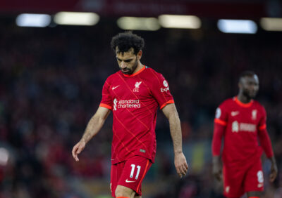 Liverpool's Mohamed Salah looks dejected during the FA Premier League match between Liverpool FC and Tottenham Hotspur FC at Anfield. The game ended in a 1-1 draw.