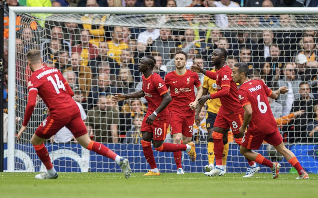 Liverpool's Sadio Mané celebrates after scoring the first equalising goal during the FA Premier League match between Liverpool FC and Wolverhampton Wanderers FC at Anfield