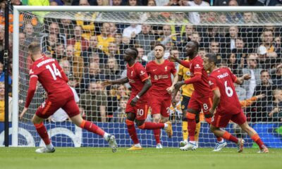 Liverpool's Sadio Mané celebrates after scoring the first equalising goal during the FA Premier League match between Liverpool FC and Wolverhampton Wanderers FC at Anfield