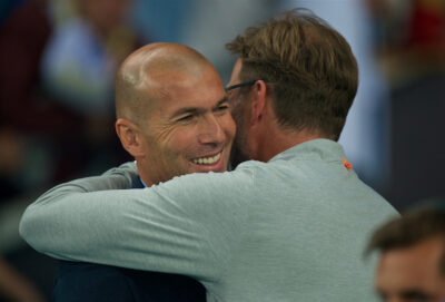 Liverpool's manager Jürgen Klopp embraces Real Madrid's head coach Zinédine Zidane before the UEFA Champions League Final match between Real Madrid CF and Liverpool FC at the NSC Olimpiyskiy.
