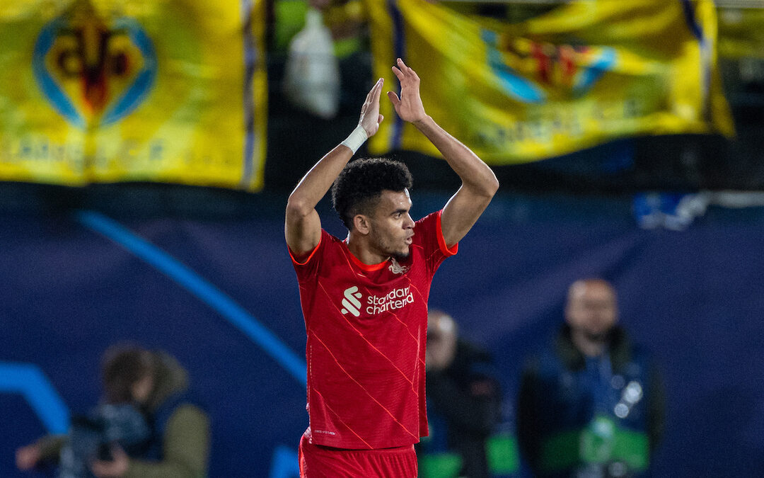 Liverpool's Luis Díaz celebrates after scoring his side's second goal to make the score 2-2 (2-4 on aggreagte) during the UEFA Champions League Semi-Final 2nd Leg game between Villarreal CF and Liverpool FC at the Estadio de la Cerámica