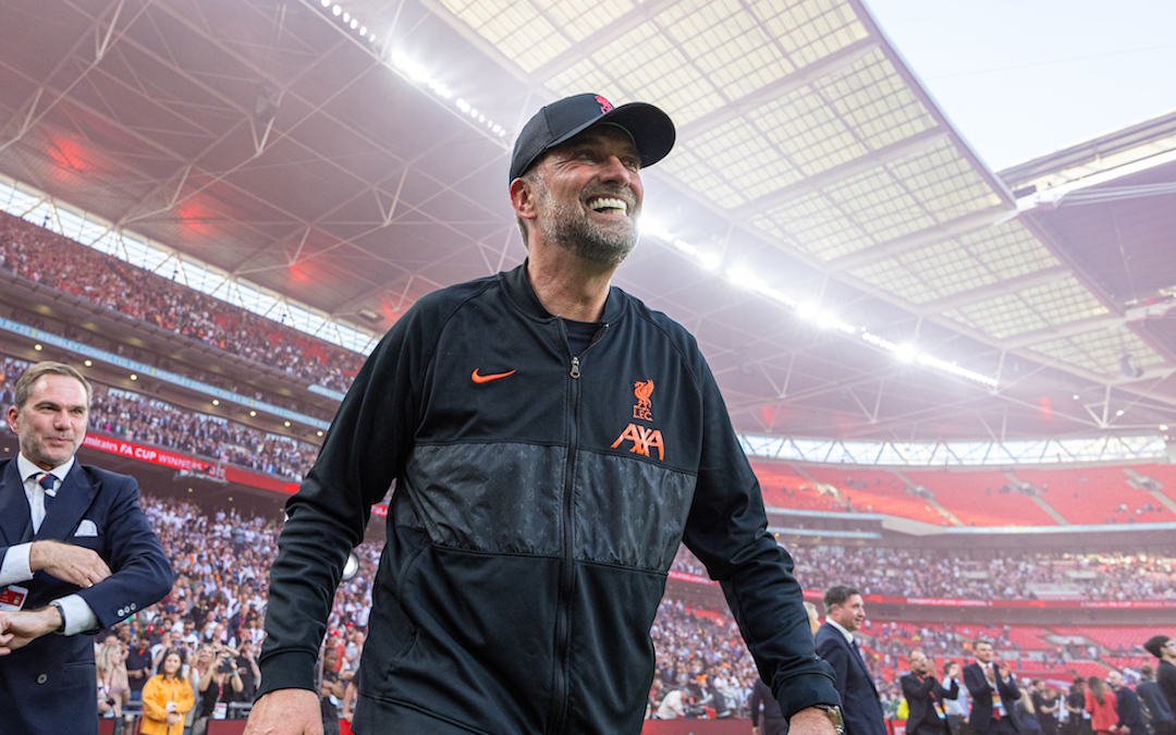 Liverpool's manager Jürgen Klopp celebrates with former player Jason McAteer (L) after the FA Cup Final between Chelsea FC and Liverpool FC at Wembley Stadium