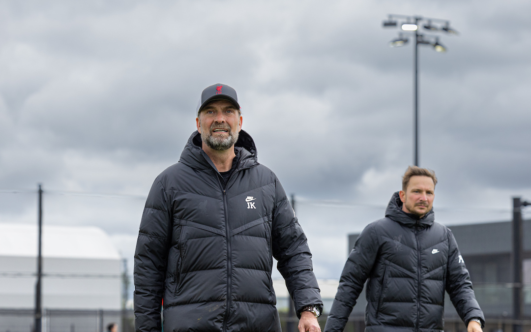Liverpool's manager Jürgen Klopp (L) and first-team development coach Pepijn Lijnders during a training session at the AXA Training Centre ahead of the UEFA Champions League Final game between Liverpool FC and Real Madrid CF