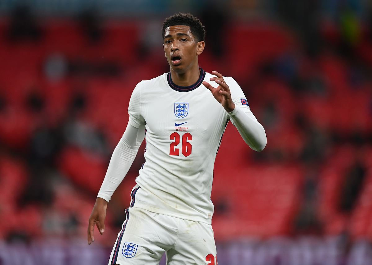 Jude Bellingham of England looks on during the UEFA Euro 2020 Championship Group D match between Czech Republic and England at Wembley Stadium on June 22, 2021 in London, England