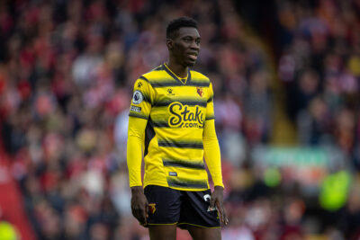 Watford's Ismaïla Sarr looks dejected after missing a chance during the FA Premier League match between Liverpool FC and Watford FC at Anfield