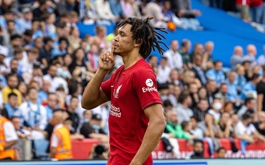 Liverpool's Trent Alexander-Arnold puts his finger to his lips to shush the Manchester City supporters as he celebrates after scoring the first goal during the FA Community Shield friendly match between Liverpool FC and Manchester City FC at the King Power Stadium