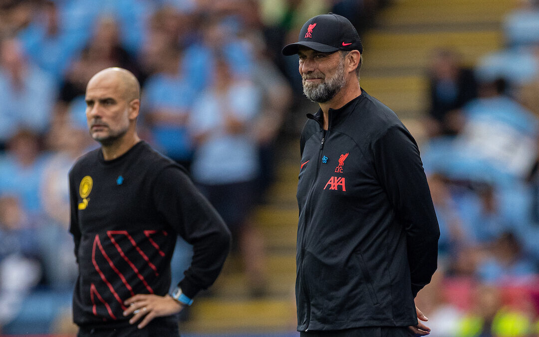 Liverpool's manager Jürgen Klopp (R) and Manchester City's manager Josep 'Pep' Guardiola during the FA Community Shield friendly match between Liverpool FC and Manchester City FC at the King Power Stadium