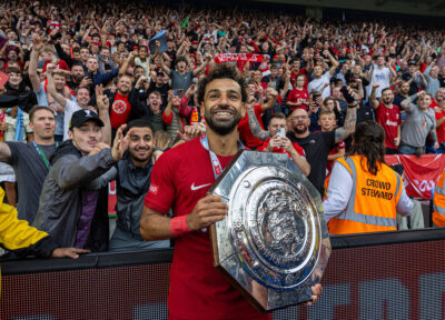 Liverpool's Mohamed Salah celebrates with the trophy after the FA Community Shield friendly match between Liverpool FC and Manchester City FC at the King Power Stadium