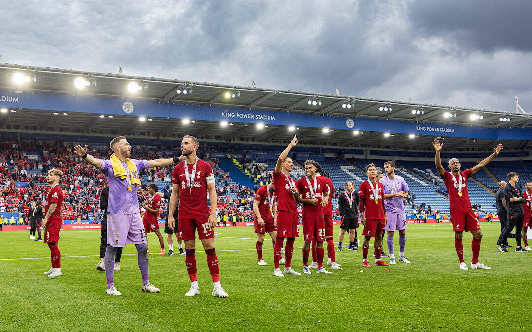 Liverpool's goalkeeper Adrián San Miguel del Castillo (L) and captain Jordan Henderson celebrate after the FA Community Shield friendly match between Liverpool FC and Manchester City FC at the King Power Stadium