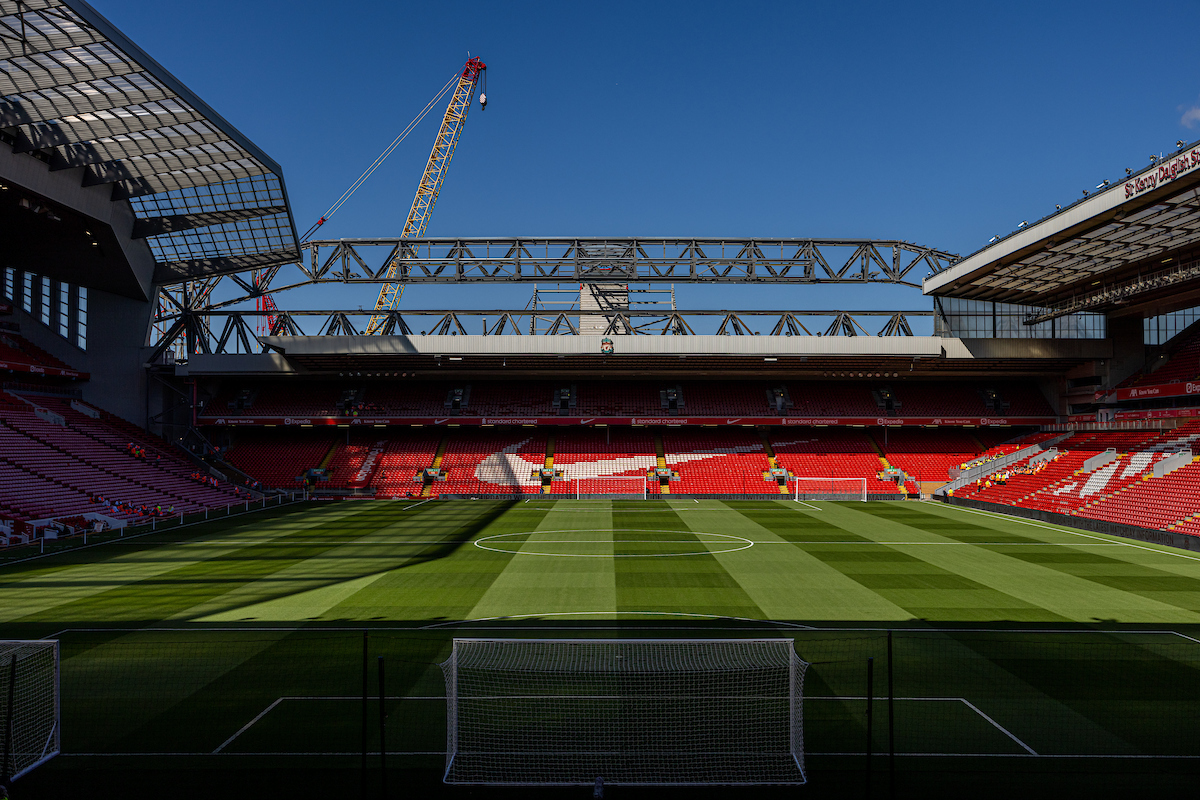 A general view of Anfield seen from the Spion Kop, showing the on-going construction of the Anfield Road expansion during a pre-season friendly match between Liverpool FC and RC Strasbourg Alsace at Anfield