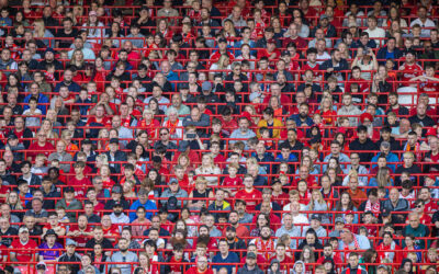 Liverpool supporters in rail seats during a pre-season friendly match between Liverpool FC and RC Strasbourg Alsace at Anfield