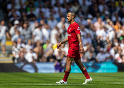Liverpool's Thiago Alcântara walks off after sustaining a hamstring injury during the FA Premier League match between Fulham FC and Liverpool FC at Craven Cottage
