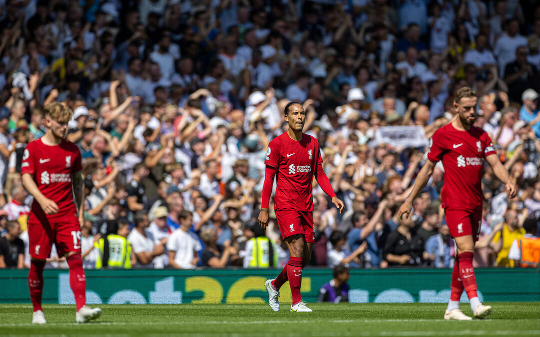 Liverpool's Virgil van Dijk looks dejected as Fulham score their second goal from a penalty kick during the FA Premier League match between Fulham FC and Liverpool FC at Craven Cottage