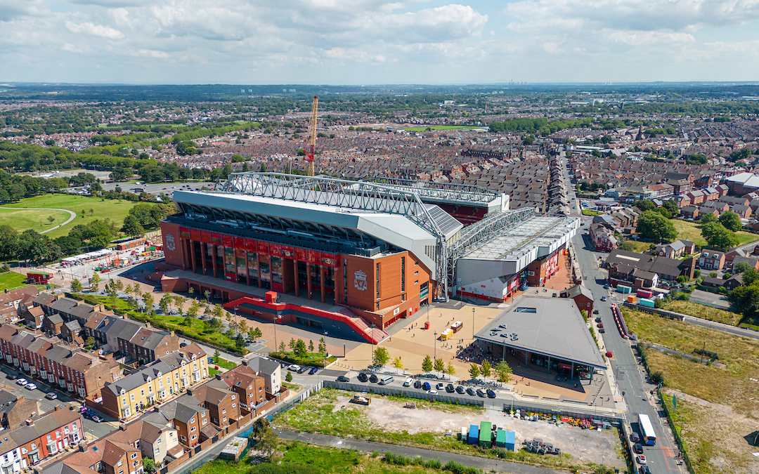 An aerial view of Anfield Stadium, home of Liverpool Football Club, and the on-going construction of the new Anfield Road stand