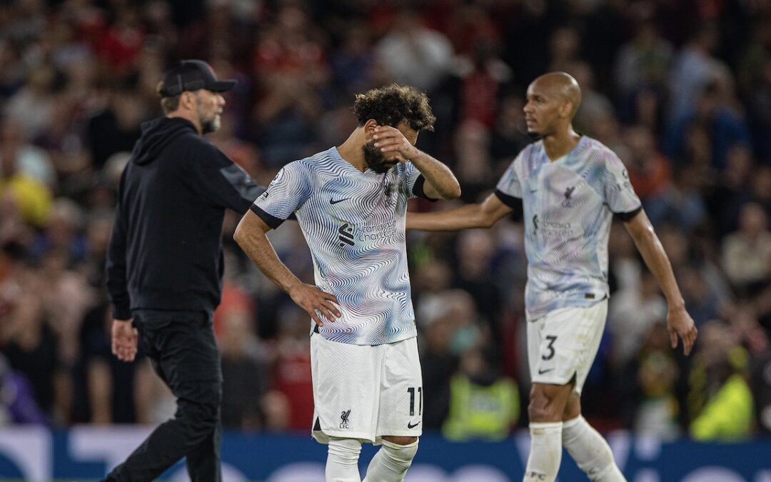 Liverpool's Mohamed Salah looks dejected after the FA Premier League match between Manchester United FC and Liverpool FC at Old Trafford