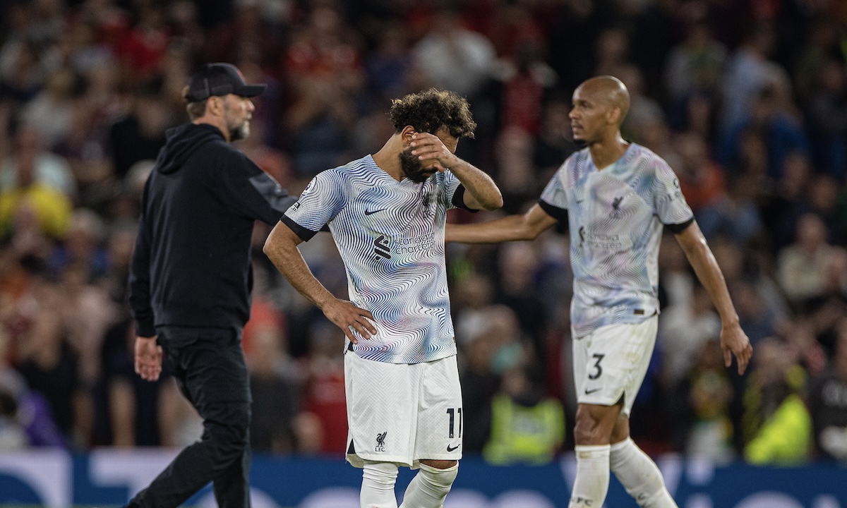 Liverpool's Mohamed Salah looks dejected after the FA Premier League match between Manchester United FC and Liverpool FC at Old Trafford