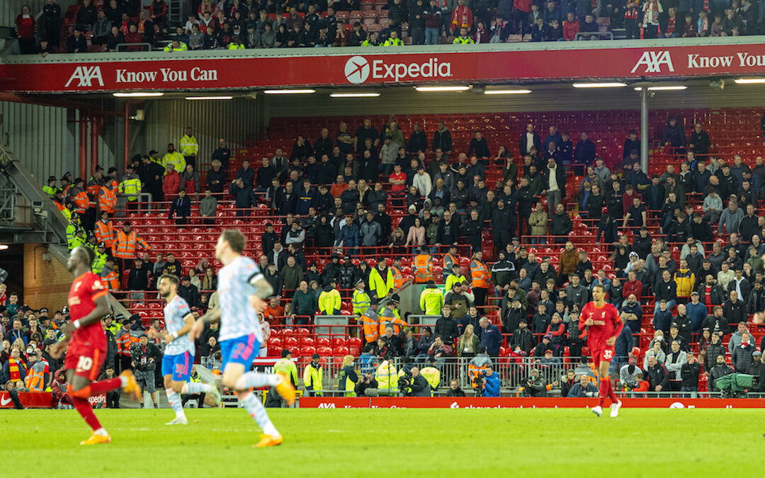 Empty seats as Manchester United supporters walk out with over ten minutes remaining during the FA Premier League match between Liverpool FC and Manchester United FC at Anfield