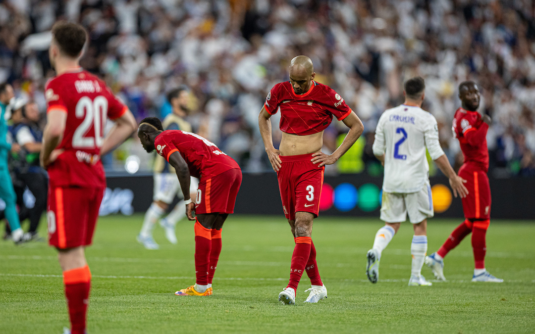 Liverpool's Fabio Henrique Tavares 'Fabinho' looks dejected at the final whistle during the UEFA Champions League Final game between Liverpool FC and Real Madrid CF at the Stade de France