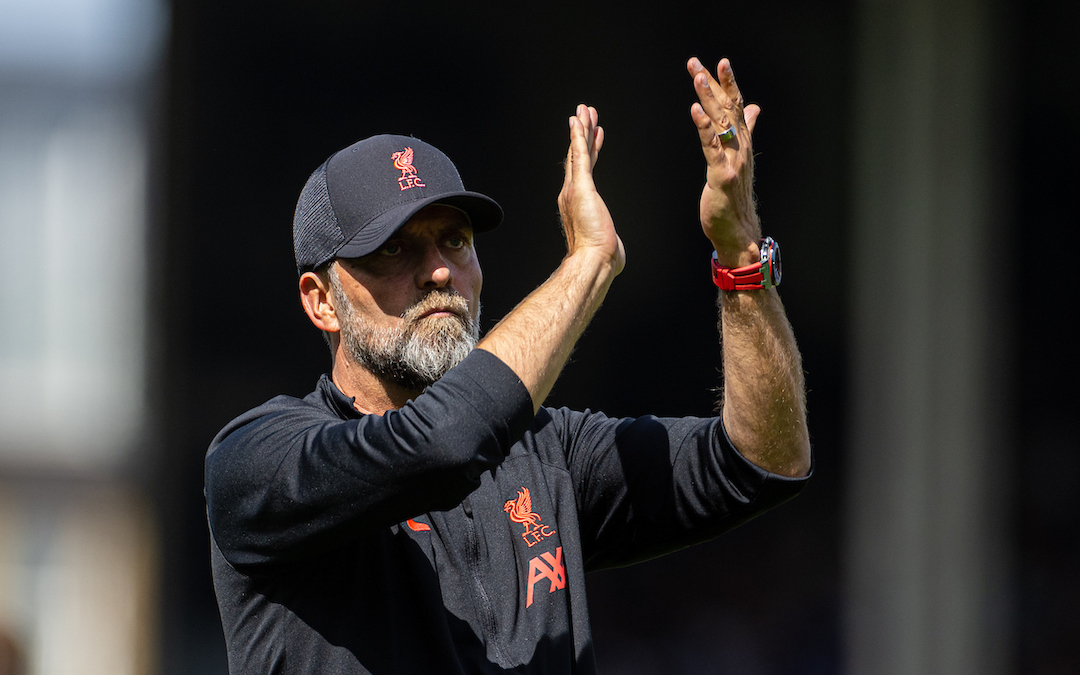 Liverpool's manager Jürgen Klopp applauds the supporters after the FA Premier League match between Fulham FC and Liverpool FC at Craven Cottage