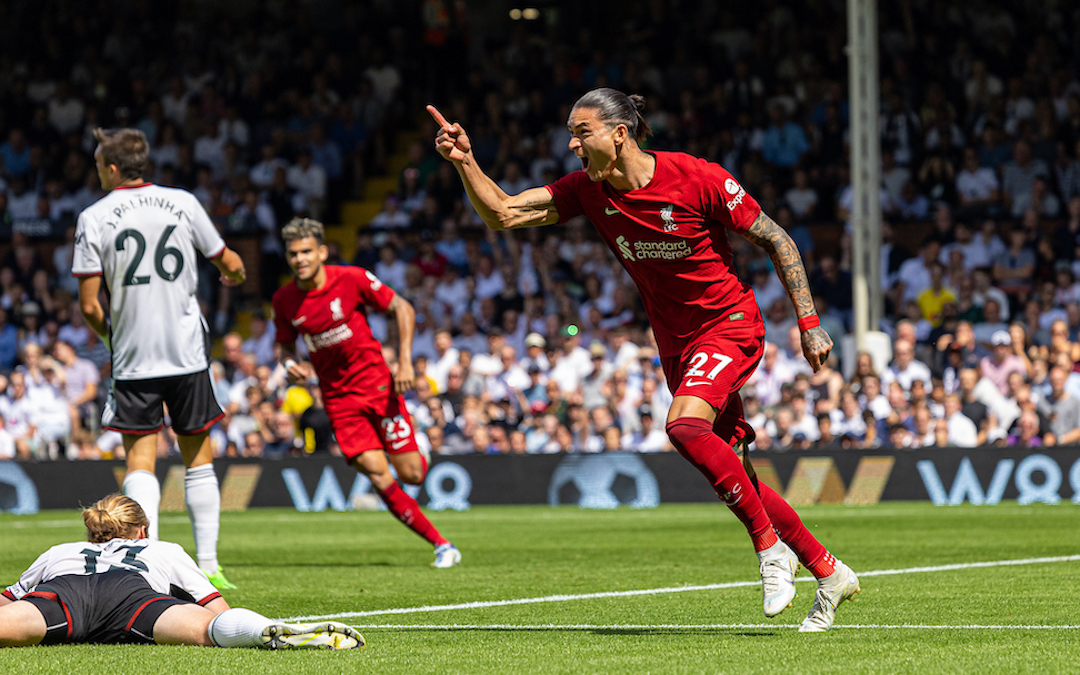 Liverpool's Darwin Núñez celebrates after scoring his side's first goal to level the score 1-1 during the FA Premier League match between Fulham FC and Liverpool FC at Craven Cottage