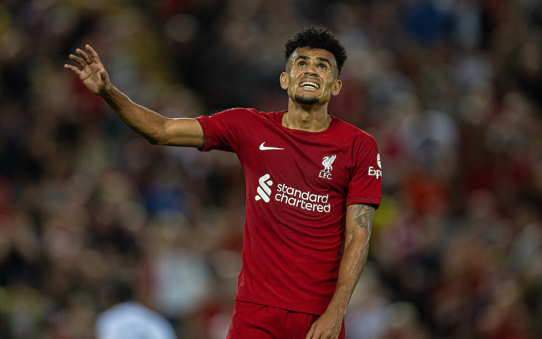 Liverpool's Luis Díaz reacts during the FA Premier League match between Liverpool FC and Crystal Palace FC at Anfield