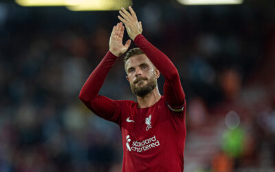 Liverpool's captain Jordan Henderson applauds the supporters after the FA Premier League match between Liverpool FC and Crystal Palace FC at Anfield