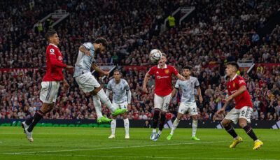 Liverpool's Mohamed Salah scores his side's first goal with a header during the FA Premier League match between Manchester United FC and Liverpool FC at Old Trafford