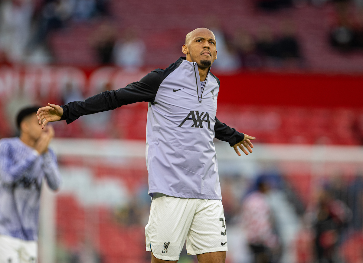 Liverpool's Fabio Henrique Tavares 'Fabinho' during the pre-match warm-up before the FA Premier League match between Manchester United FC and Liverpool FC at Old Trafford