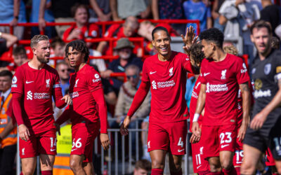 Liverpool's Virgil van Dijk celebrates after scoring the fifth goal during the FA Premier League match between Liverpool FC and AFC Bournemouth at Anfield
