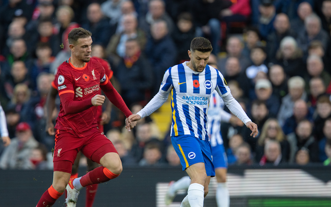 Liverpool's captain Jordan Henderson (L) and Brighton & Hove Albion's Adam Lallana during the FA Premier League match between Liverpool FC and Brighton & Hove Albion FC at Anfield